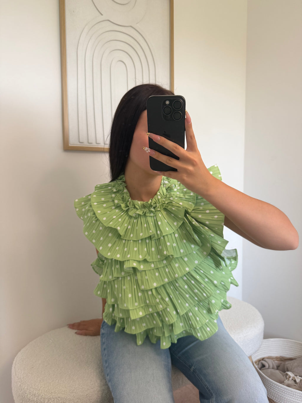 Top "Janaa" à Volant en Pois Vert Pastel
