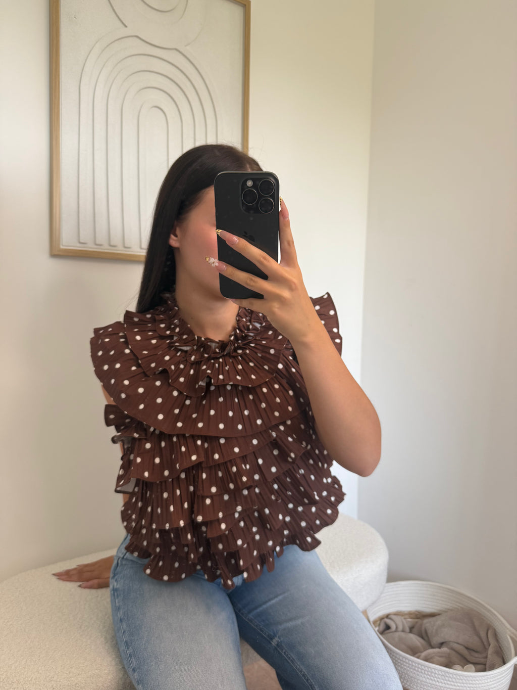 Top "Janaa" à Volant en Pois Marron Pastel